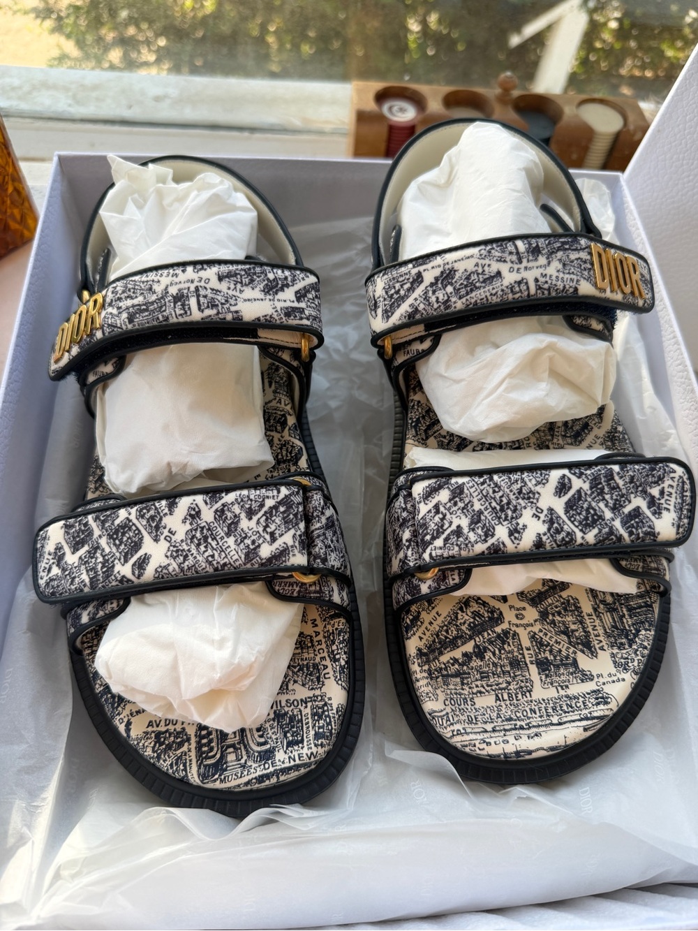 Dior Black & White Toile Print Velcro Sandals with Gold Dior Hardware